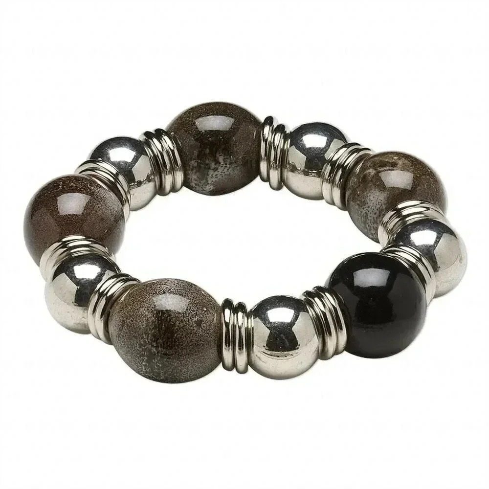 Handcrafted Mottled Grey Black Porcelain Silver Acrylic Beads Stretch Bracelet
